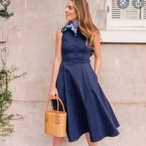 Gal Meets Glam Navy Blue Rose Sleeveless Poplin Shirtdress Size 6